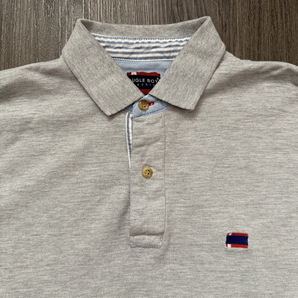 Vintage 90s Bugle Boy Men's Large Polo Shirt Gray Golf Crest Cotton